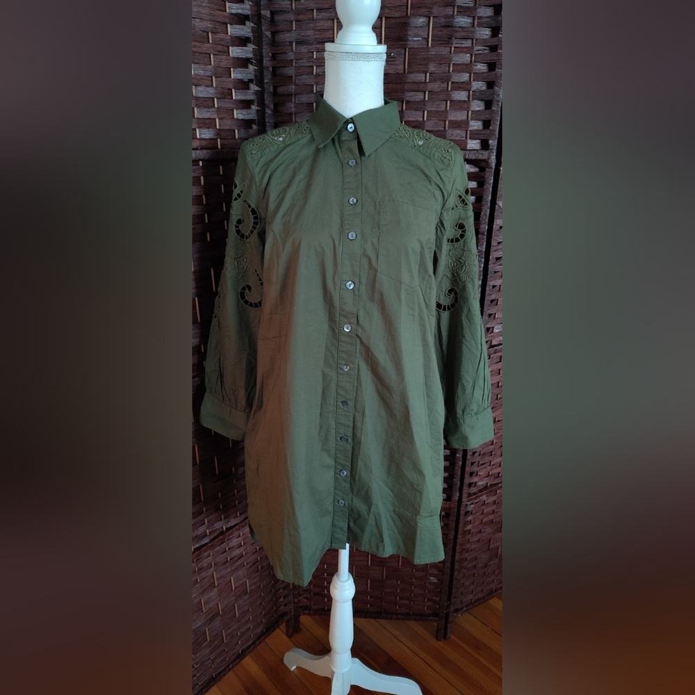 Sundance Embroidered Eyelet Button Up Shirt Dress Size PXS Olive Green